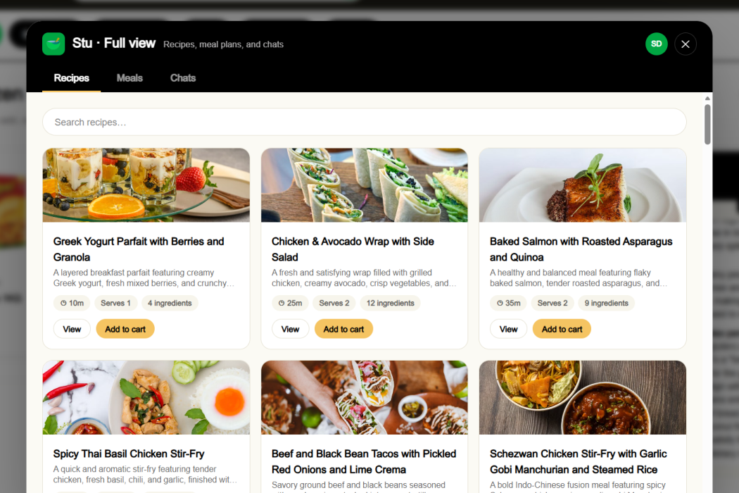 Stu's full view: recipes, meal plans and chats