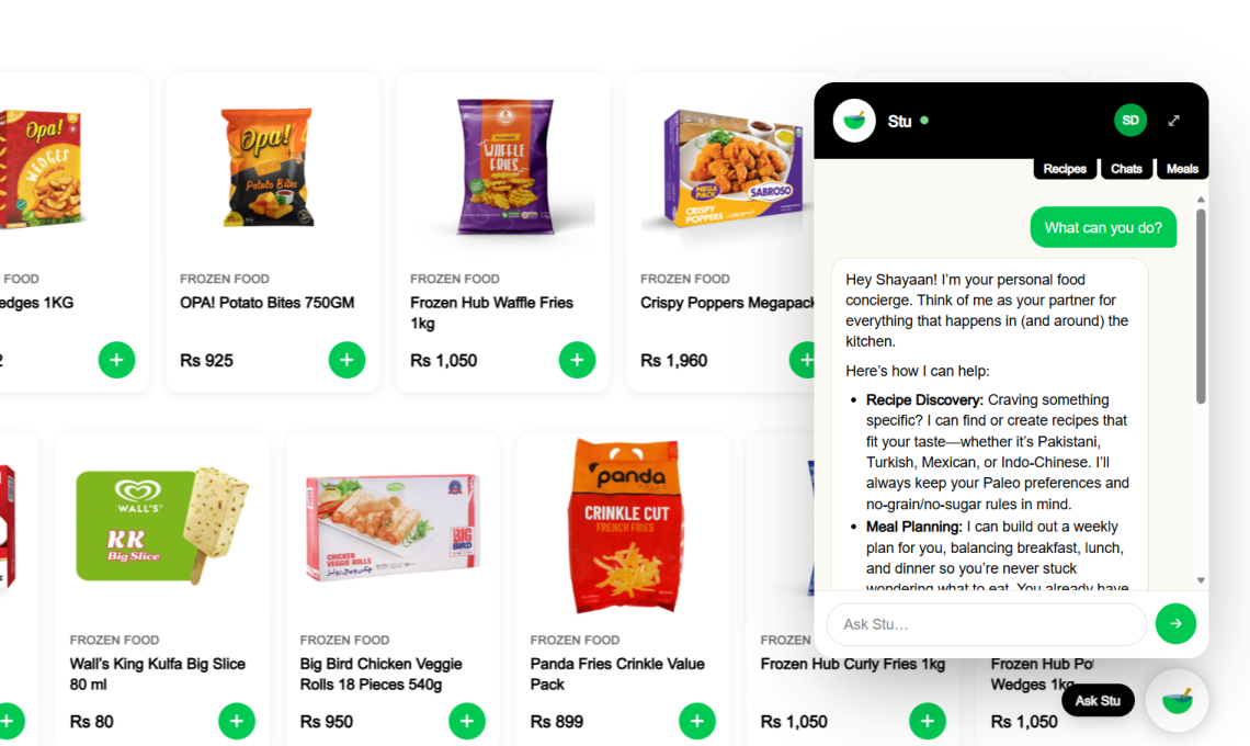 A grocery storefront with the Stu concierge open on the page